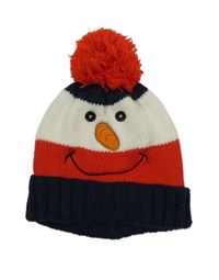 Tmavomodro-červeno-bílá pruhovaná pletená čepice se sněhulákem 