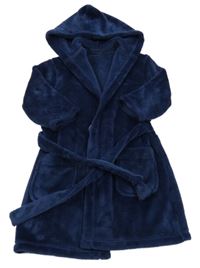 Tmavomodrý chlupatý župan s kapucí a páskem 