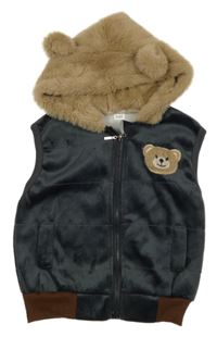 Sivo-béžová plyšová vesta s medvedíkom a kapucňou