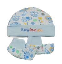 Nové - Modro-bílá čepice se zvířátky + rukavice