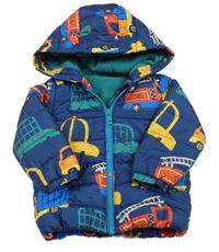 Tmavomodrá prošívaná šusťáková zimní bunda s auty a autobusy a hasiči a kapucí St. Bernard