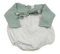 Bielo-světlemodrošedé vzorované bavlněno/svetrové body s mašlou