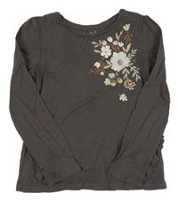 Tmavošedohnědé triko s kytičkami a volánky C&A