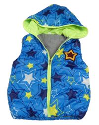 Modrá prošívaná šusťáková zateplená vesta s hvězdičkami a kapucí