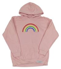 Světlerůžová mikina s duhou a kapsou a kapucí 