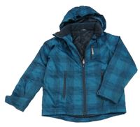 Petrolejovo-černá kostkovaná šusťáková přechodová bunda s odepínací kapucí KIDS