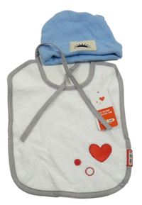 Nové - 2Set - Modrá žebrovaná čepice s nášivkou + bílo/šedý froté bryndák se srdíčkem 