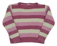 Ružovo-vínovo-svetlosivý pruhovaný žinylkový oversize sveter