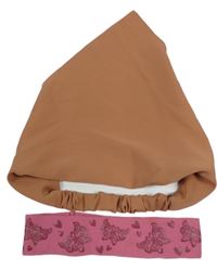 2Set - Ružová čelenka s motýlikmi a srdíčky + světlehnědý hedvábný šátek