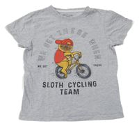 Sivé melírované tričko s lenochodem a bicyklom a nápismi DESTINATION