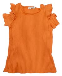 Oranžové rebrované crop tričko s volánikmi a volnými rameny KOTON KIDS