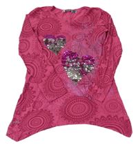 Jahodovo-vínová tunika s mandalou a srdíčky z překlápěcích flitrů Desigual