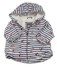 Bielo-tmavomodrá pruhovaná šušťáková jesenná bunda s třešněmi a kapucňou Primark