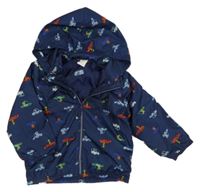 Tmavomodrá šusťáková jarní bunda s auty a kapucí H&M