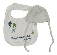 2set - Světlešedá melírovaná bavlněná čepice + bílý slinták se skvrnami a nápisem