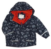 Tmavomodrá nepromokavá lehce zateplená bunda s hasičskými auty a kapucí X-Mail