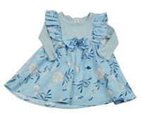 Svetlomodré šaty s kvetinami a volánikmi Shein