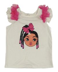 Biele tričko s dívkou a tylovymi volániky Shein