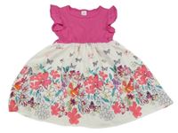 Fuchsiovo-bílé šaty s květinami a motýly