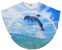Bielo-modré tričkové pončo s delfínom Dopodopo