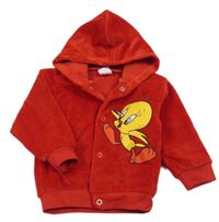 Červená zamatová prepínaci mikina s Tweetym a kapucňou
