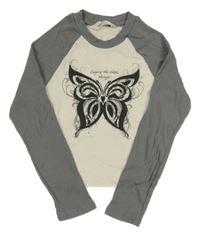 Bielo-sivé rebrované crop tričko s motýlkom H&M
