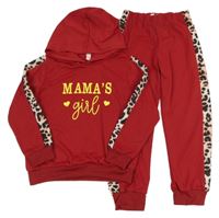 2 set - rubínová mikina s nápisem + tepláky s leopardím pruhem 