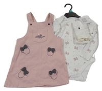 Nové - 3 set - svetloružové rifľové na traké šaty s Minnie + biele body s mašličkami + biele pančuchy Disney