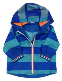 Modrozeleno-zafírová pruhovaná šušťáková jarná bunda s kapucňou F&F