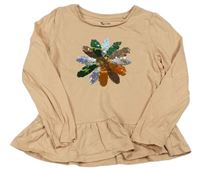 Svetlohnedé tričko s květem z překlápěcích flitrů Tu