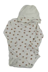 Nové - 2set - Bílé body s medvídky + čepice 