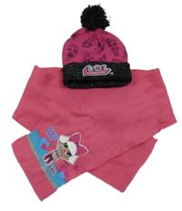 2set - Ružovo-čierna čapica s bambulí + šála - LOL