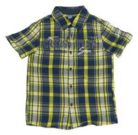 Tmavomodro-žluto-bílá kostkovaná košile s nápisy Dopodopo