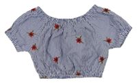 Modro-biele pruhované crop tričko s kvetmi