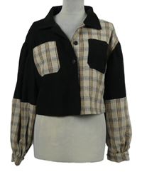 Dámska čierno-béžová kockovaná košeľová crop bunda Shein