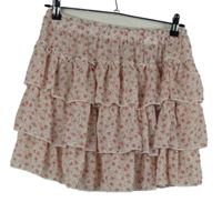 Dámska svetloružová kvietkovana šifónová sukňa s volánikmi