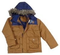 Tmavomodro-béžová šusťáková zimní bunda s nápisem a kapucí Kiki&Koko