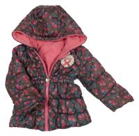 Hnedá kvetinová šušťáková zimná bunda s nášivkou a kapucňou