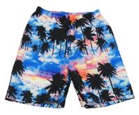 Modro-růžovo-žluté šusťákové kraťasy s palmami 