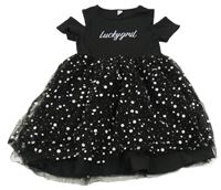 Čierne šaty s nápisom a tylovou sukňa s bodkami Shein