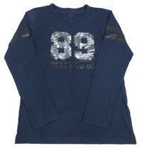 Tmavomodré triko s číslem, nápisem a flitry Tchibo