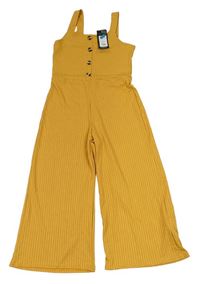 Okrový rebrovaný culottes overal s gombíkmi New Look