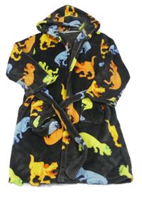 Tmavošedý chlupatý župan s dinosaury a kapucí