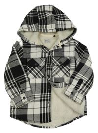 Černo-bílá kostkovaná zateplená košilová bunda s kapucí 