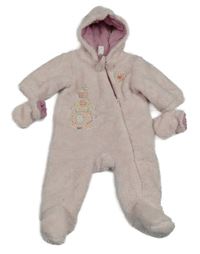 Světlerůžová chlupatá zateplená kombinéza se srdíčkem a kapucí + rukavice Next