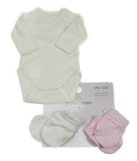 3set - Bílé body + 2x rukavice - bílé + růžové - nové 50/56