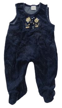 Tmavomodré sametové třpytivé dupačky s medvedíkmi