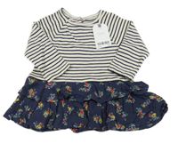 Nové - Tmavomodro-smotanové pruhované šaty s květovanou sukní Next