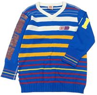 Modro-farebný pruhovaný sveter s nápismi Guru Gang