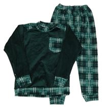 Tmavozeleno-bílé plyšové pyžamo s kapsou